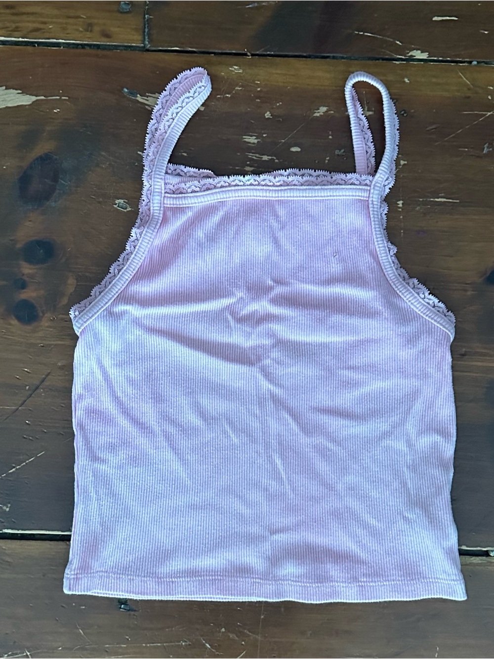 American Eagle Pink Ribbed Lace-Trim Tank Top